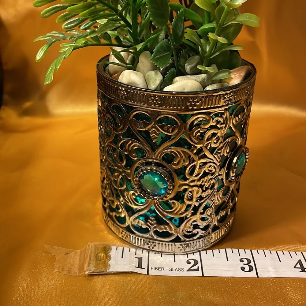 The Bombay Company metal over pair of teal glass w/teal jewels & fake greenery